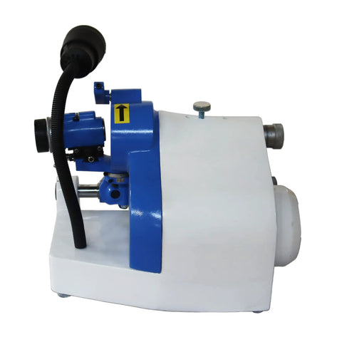 Pro Shop Bench Tool Sharpener And Precision Grinder Adapter showing side view with blue accents and black hose for drill bits.
