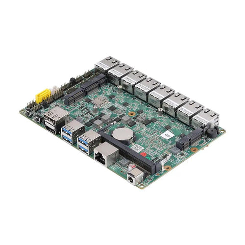 Badass Fanless Mini PC Barebone Loading Intel Core I7-10510U With Eight Dope 2.5G Lan Ports showing the motherboard with multiple ports and connectors.