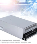 Beefy 600W DC Switching Power Supply For Industrial Automation, Reliable Converter With LED Indicators, Aluminum Alloy Enclosure, Wide 100 To 240V AC Input, Quiet, Efficient Performance For LEDs And Control Systems, front angle