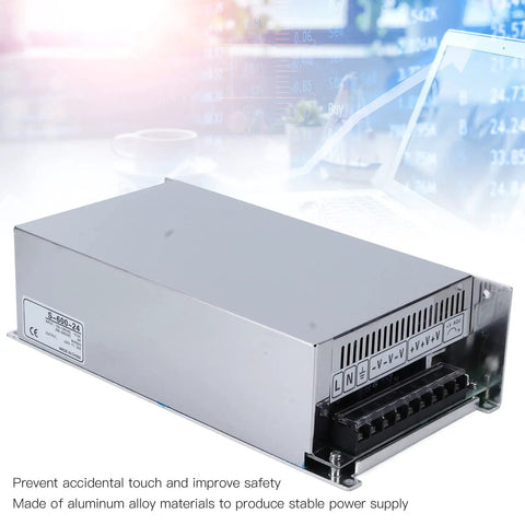 Beefy 600W DC Switching Power Supply For Industrial Automation, Reliable Converter With LED Indicators, Aluminum Alloy Enclosure, Wide 100 To 240V AC Input, Quiet, Efficient Performance For LEDs And Control Systems, front angle