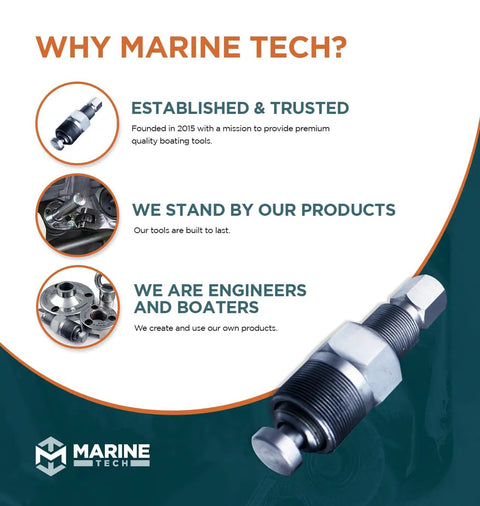 Infographic showcasing Outboard Flywheel Puller For Mercury Honda Verado Yamaha Boats with heavy duty design and zero friction ball bearing head.