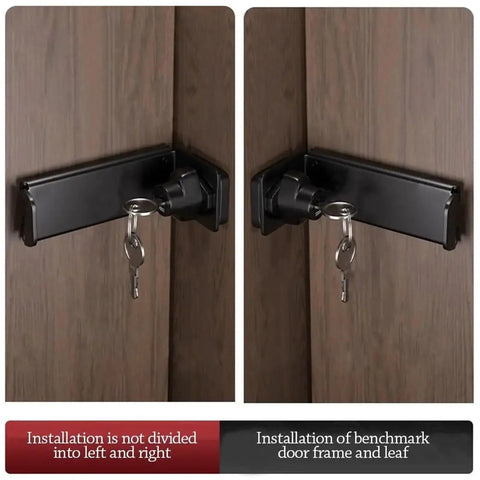 Stainless Steel Door Clasp Lock Right Angle Latch 90 Degree Hasps Shed Gate on wooden door, showcasing key mechanism.