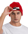 Black And White Piano Plate Grid Knit Beanie Soft Acrylic Winter Hat For Freezing Temperatures worn by a man with white shirt.
