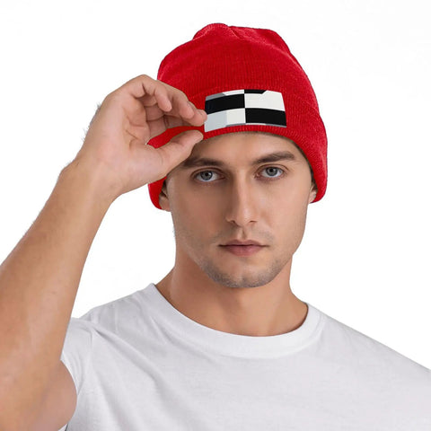 Black And White Piano Plate Grid Knit Beanie Soft Acrylic Winter Hat For Freezing Temperatures worn by a man with white shirt.