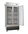 Built Tough Two Door Reach In Commercial Freezer 27 6 Cubic Feet Stainless Steel Kitchen Workhorse with open doors and six shelves.