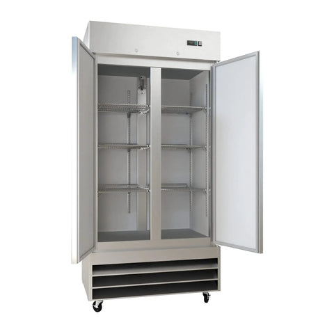 Built Tough Two Door Reach In Commercial Freezer 27 6 Cubic Feet Stainless Steel Kitchen Workhorse with open doors and six shelves.