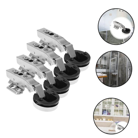 Frameless Glass Door Hinges With Damping For Soft Close Silent Cabinet Hinges 4 Pack displayed with installation examples.