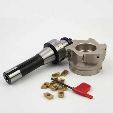 R8 Face Mill 80mm 90 Degree Cutter With Four Slot Pro Grade High Efficiency Multiedge Milling Arbor 7/16-20UNF Thread Shank Includes 10 APMT1604 Carbide Inserts And T15 Wrench