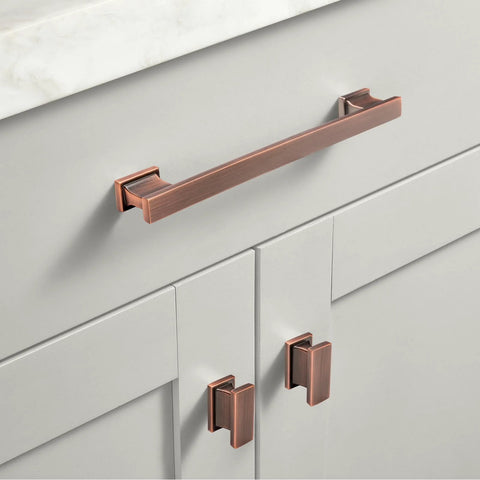 5 Inch 128mm Brushed Antique Copper Cabinet Pulls Handles Set 10 Pack Made From Solid Zinc Long Lasting Drawer Knobs on grey cabinet