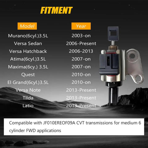 CVT Transmission Step Motor For Nissan Altima Maxima Murano Quest Versa Latio 3.5L JF010E RE0F09A JF009E RE0F08A Compatible Upgrade With Easy Install And Smooth Shifts For 2003 And Newer Models showing fitment list