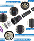Components of Ultra Bright 365nm UV Flashlight 36W USB C Rechargeable Black Light with detailed view of USB ports and LED cores.