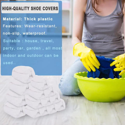 Disposable Shoe Covers Pack Of 200 100 Pairs Built Tough Waterproof Non Slip Boot Covers One Size Fits Most For Rain Cleaning Indoor Floor Protection White in use with cleaning supplies