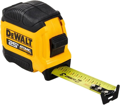 Atomic 25 Foot Tape Measure Duo Pack Built Tough For Pro Grade Accuracy On The Job Site with visible orange grip and blade extended