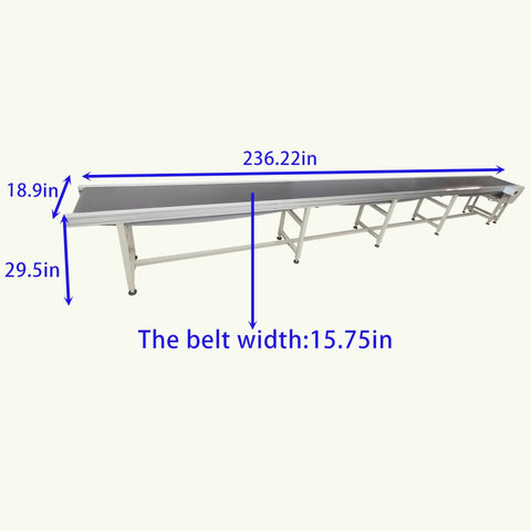 Flat Conveyor With PVC Belt 236.22 Inch Length And 15.75 Inch Width, Durable Belt, shown with measurements