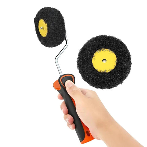 Drywall Corner Roller Set With Heavy Duty Frame and Dual Roller Heads glides over inside angles with compact tool in hand.