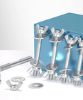 304 Stainless Steel Threaded Rod Connector Kit With Through-Bolt Set Wing Nuts And Oversized Washers For Quick Hand-Tightened Tool-Free Assembly M3x200 Two Sets on blue background