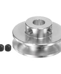 Heavy Duty Aluminum Alloy V Groove Pulley Single Groove Sheave With 7Mm Grub Screw Bore Fits 4 To 5Mm Pu Round Belt For Motor Shafts And Drilling Machines No Sweat Install Runs Dead Smooth, showing silver finish and bore.