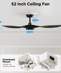 52 Inch Black Ceiling Fan With Lights Remote Control Whisper Quiet DC Motor Reversible Six Speeds Timers 3 CCT Dimmable Modern Indoor Fan For Bedroom And Living Room with dimensions marked and room suitability diagram.
