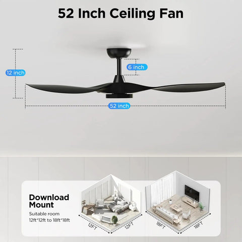 52 Inch Black Ceiling Fan With Lights Remote Control Whisper Quiet DC Motor Reversible Six Speeds Timers 3 CCT Dimmable Modern Indoor Fan For Bedroom And Living Room with dimensions marked and room suitability diagram.