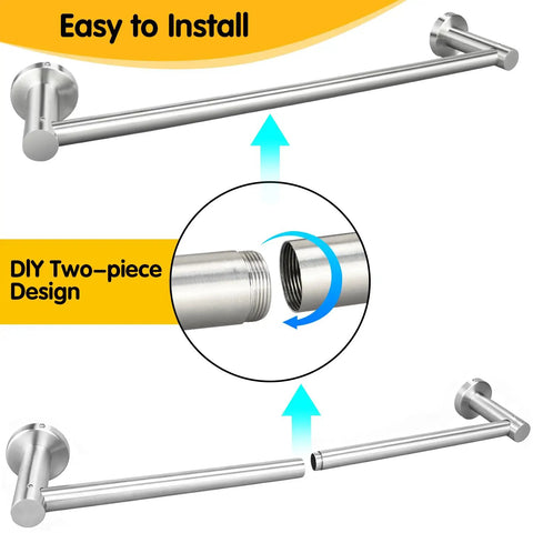 Slick Heavy Duty Towel Bar For Modern Bathroom With Premium Grade Brushed Nickel Finish Two Piece Split Wall Mount Rack Straight Up Built For Easy Hanging showing easy installation and DIY design.