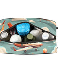 Cartoon Airplane Travel Toiletry Bag For Men With Hanging Kit open to show packed toiletries, waterproof, size 10.5 x 4.4 x 5.3 inches