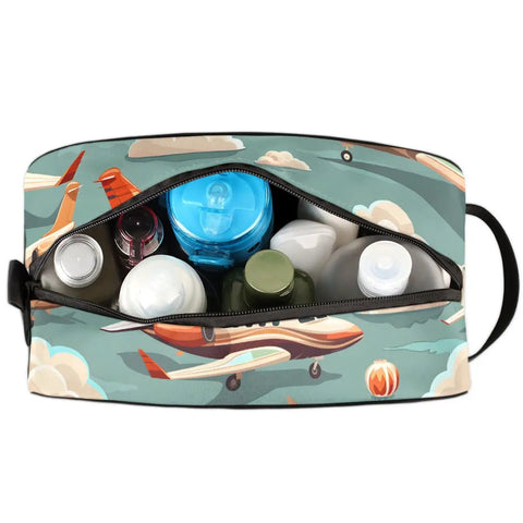 Cartoon Airplane Travel Toiletry Bag For Men With Hanging Kit open to show packed toiletries, waterproof, size 10.5 x 4.4 x 5.3 inches