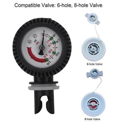 Inflatable Boat Pressure Gauge For Kayaks And Rafts, Pro Grade Nylon Build, 0 To 0.35 Bar And 5.08 Psi Range, compatible with 6-hole and 8-hole valves