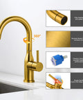 Brushed Gold Bar Sink Faucet With Single Hole And One Handle Ideal For Small Kitchens Wet Bar Or RV Sinks Eleven Inch Tall With Seven Inch Spout Reach 360 Degree Rotation One Point Four Inch Hole Size; features corrosion-proof, anti-splash, ceramic cartridge