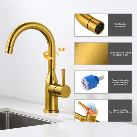 Brushed Gold Bar Sink Faucet With Single Hole And One Handle Ideal For Small Kitchens Wet Bar Or RV Sinks Eleven Inch Tall With Seven Inch Spout Reach 360 Degree Rotation One Point Four Inch Hole Size; features corrosion-proof, anti-splash, ceramic cartridge