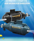 Blue and black mini RC submarine toys with LED lights, underwater. Six Channel Mini RC Submarine Toy Blue With Remote Control.