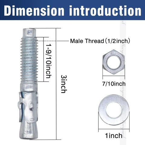 1/2 Inch By 3 Inch Wedge Anchor Set For Cement And Concrete Only, Zinc Plated Carbon Steel Heavy Duty Anchors dimensions and parts