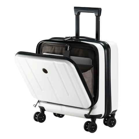 Lightweight 16 Inch Carry On Luggage With Dual Compartments For 14 And 15 Inch Laptops, white hardshell showing open pocket