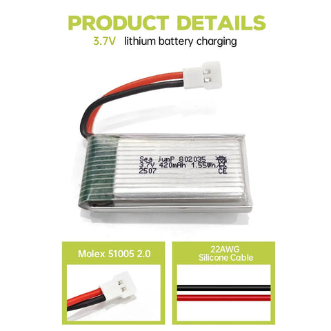 2 Pack 3.7V 420mAh 25C LiPo Battery With USB Charging Cable And Molex Plug close-up with product details