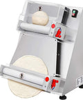 Boss Level Automatic Pizza Dough Sheeter And Roller Machine Powered By A Beefy 370W Copper Motor and Heavy Duty Stainless Steel Frame with raw dough.