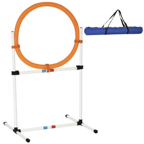 2 In 1 Adjustable Dog Agility Jump Set with carry bag, showing tire jump ring setup, quick setup for small to large dogs training