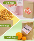 Collage of 100 Pack Brown Kraft Paper Lunch Bags With 4lb Capacity for gift, snack, and lunch use, with thank you and lunch labels