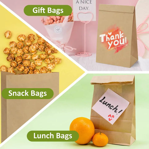 Collage of 100 Pack Brown Kraft Paper Lunch Bags With 4lb Capacity for gift, snack, and lunch use, with thank you and lunch labels