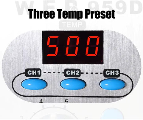 Portable Pro Grade Hot Air Rework Station For Mobile Phone Repair with digital LED display showing three temperature presets