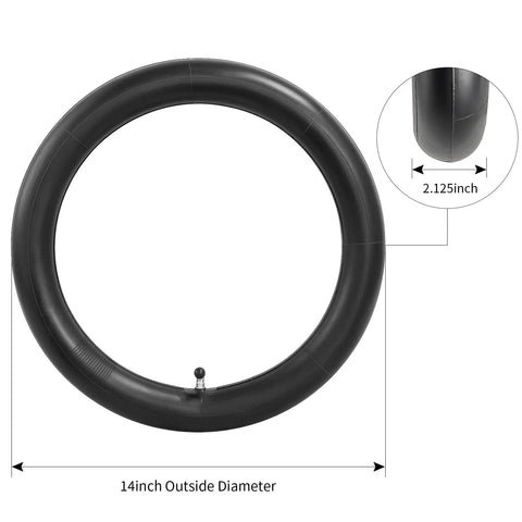 40 Percent Thicker 14x2.125 Inner Tubes Heavy Duty Tough As Nails 14 Inch Tire Tubes For Electric Scooters And E Bikes Replacement CR202 Angled Valve Stem 2 Pack For Easy Mounting And Long Lasting Performance shown with measurements