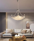 Modern Crystal Chandelier Pendant Light With Silver Finish, 25 Inch Ceiling Fixture in living room setting