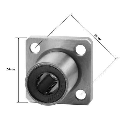LMK10UU Square Flange Linear Ball Bearing Bushing, 10mm Bore X 19mm OD X 29mm Length, Double Sealed Chrome Steel, Zero Play Guarantee For Cnc And 3D Printer Builds, Sweet Smooth Glide. Close-up view with dimensions.