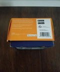 Back view of MyQ Smart Garage Hub WiFi Enabled Garage Controller box showing app store logos and barcode, old version black.