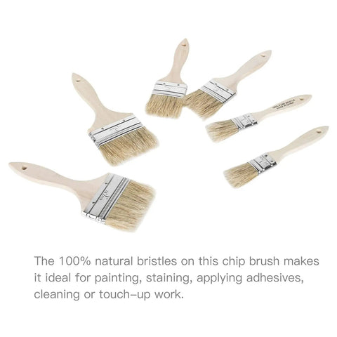 Six Piece Chip Paint Brush Set With 1 Inch 2 Inch 3 Inch Natural White Bristles And Solid Wooden Ergonomic Handles On Display