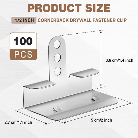 100 Pack 1/2 Inch Drywall Corner Repair Clips And Wall Back Up Fasteners For Studs Ideal For DIY And Pro Wall Fixes In Homes Renovations And Construction Projects