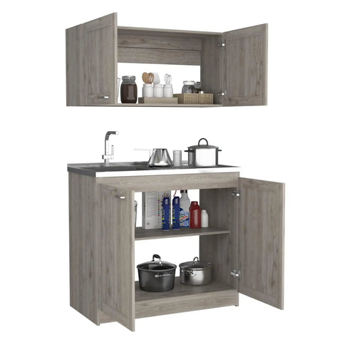 Built Like A Tank Wooden Twin Cabinet Set In Fresh Light Gray showcases dual countertops and smart compartments for storage.