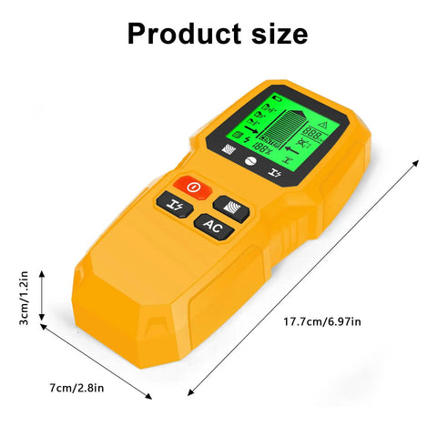 GYZOUKA Wall Scanner Stud Detector for Wood Metal Live AC Wire Locating showing size details and ergonomic design.