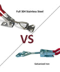 Comparison of Four Pack Toggle Latch Clamps 304 stainless steel vs galvanized iron with red handle.