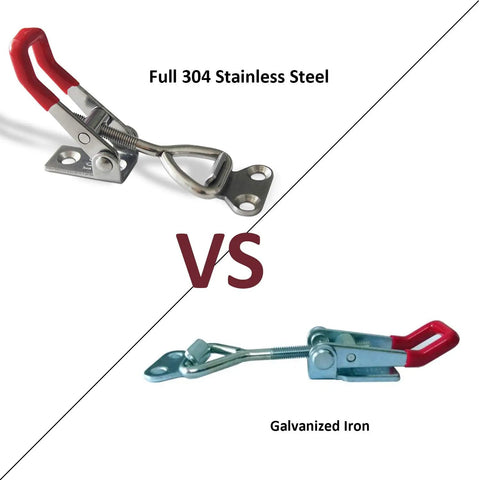 Comparison of Four Pack Toggle Latch Clamps 304 stainless steel vs galvanized iron with red handle.