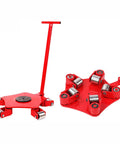 Heavy Duty Workhorse Industrial Machinery Mover With Five Wheel Moving Skate And 360 Degree Rotating Disc Non Slip Cap Carbon Steel Construction Easy Lift Handle Ideal For Equipment Transport Up To 11000 Lbs, red with handle