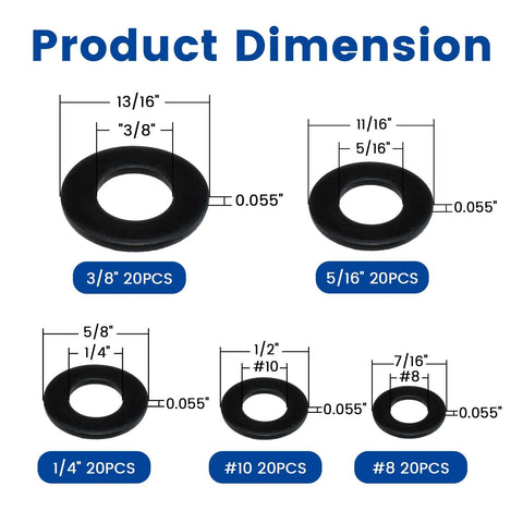 Flat washer assortment kit, 100 pcs, five sizes (3/8, 5/16, 1/4, #10, #8), black 304 stainless